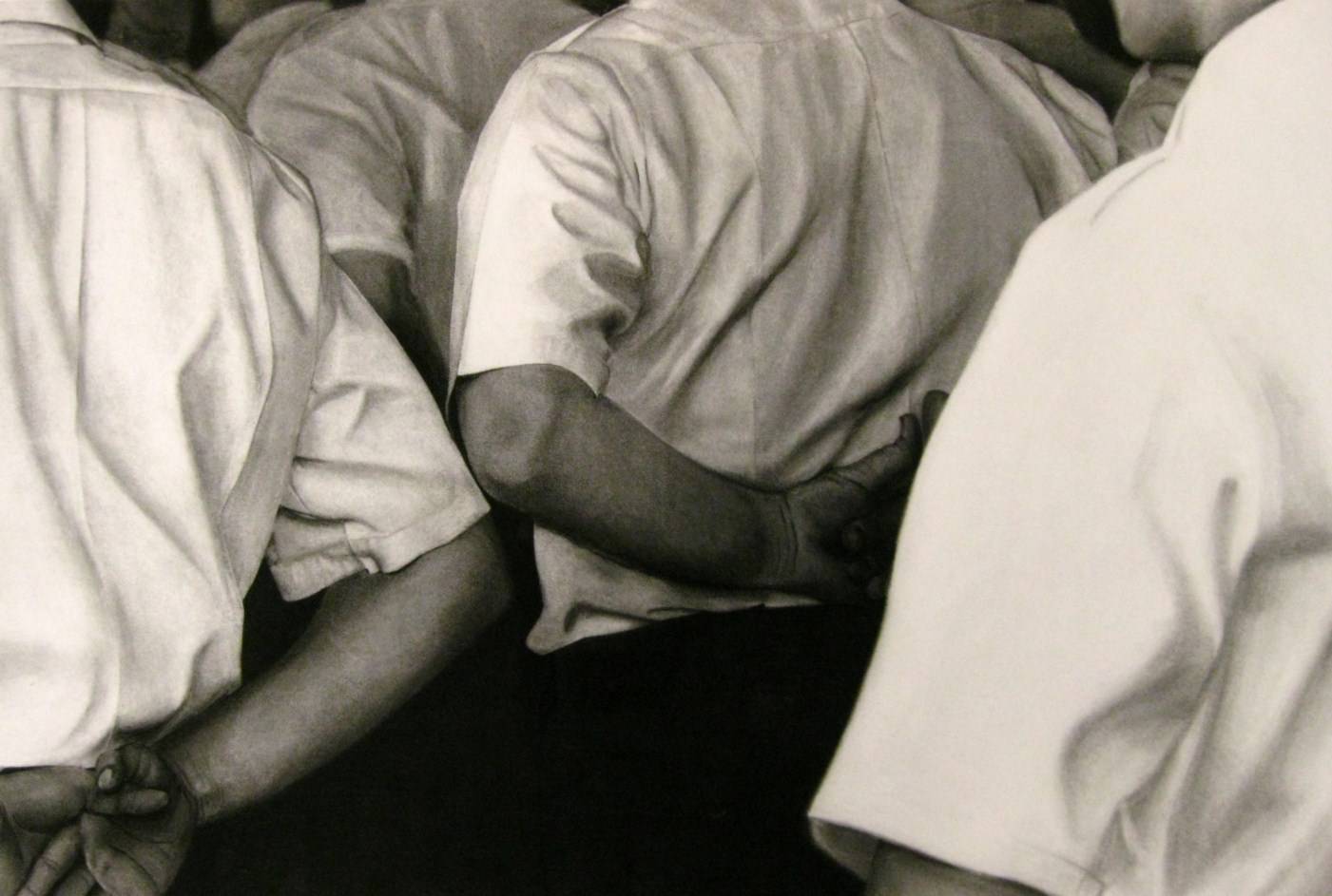 charcoal drawing of men's backs, wearing white short sleeved shirts